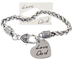 "Actual Handwriting Heart Bracelet, Silver Antique Bracelet, Personalized Memorial Bracelet, Handwriting Jewelry, Loss of Loved One This is laser engraved into high quality heavy gauge stainless steel. Measures 7/8\" round Details for Bracelet: * Antique Detailed Bracelet - fits wrist size - 6 inches to 8.5 inches  * 7/8\" Stainless Steel Round Disc  How to order: 1.Add this item to your shopping cart 2.Send us the image through convo.  can be engraved on BOTH sides." Personalized Heart Chain Bracelet For Mother's Day, Heart Bracelets With Lobster Clasp For Mother's Day, Adjustable Chain Bracelet With Lobster Clasp For Valentine's Day, Personalized Adjustable Heart Chain Bracelet, Heart-shaped Anniversary Bracelets With Lobster Clasp, Heart-shaped Engraved Bracelets For Mother's Day, Mother's Day Heart-shaped Engraved Bracelets, Heart-shaped Metal Bracelets With Engraving, Heart-shaped Engraved Metal Bracelet