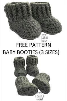 two crocheted baby booties with the text, free pattern and instructions to make them