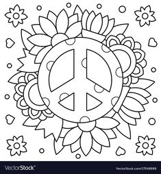 the peace sign is surrounded by flowers and hearts in black and white coloring book page