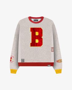 Varsity crew neck sweater with a red and yellow embroidered satin letter B. Email Branding, Brand Magazine, Jacket Brands, Crew Neck Sweater, Neck Sweater, Wardrobe Essentials, Varsity Jacket, Product Launch, Street Wear