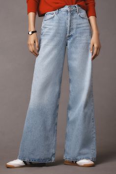 100% regenerative cotton Five-pocket styling Button front Machine wash Imported | Dame High-Rise Wide-Leg Jeans by AGOLDE in Blue, Women's, Size: 29, Cotton at Anthropologie Washed Blue Bottoms With Patch Pockets, Light Wash Cotton Jeans For Work, Everyday Light Wash Bottoms With Patch Pockets, Light Wash Bottoms With Patch Pockets For Everyday, Light Wash Straight Hem Bottoms For Work, Everyday Summer Jeans With Patch Pockets, Light Wash Bottoms With Patch Pockets For Work, Summer Workwear Jeans With Patch Pockets, Chic Relaxed Fit Jeans With Patch Pockets