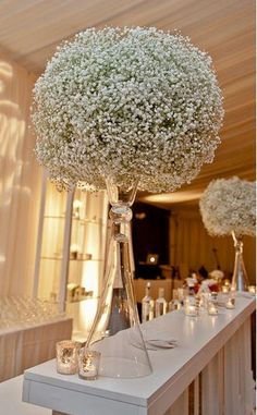 the centerpieces are arranged in glass vases with baby's breath flowers