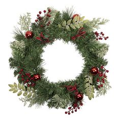 a christmas wreath with red ornaments and greenery