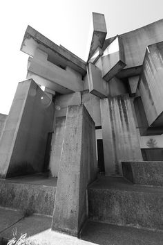 black and white photograph of an abstract building