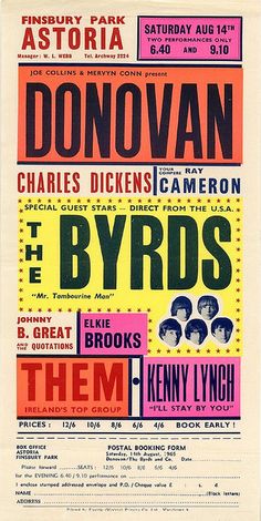 an old concert poster with the words, donovan charles dickens and the byrds