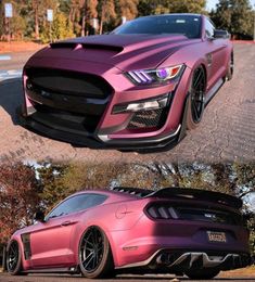 two different views of the front and side of a pink mustang