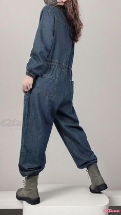 Qteee - Relaxed Fit Wide Waistband Vintage Denim Jumpsuit with Elastic Waistband Long Pant Jumpsuit, Vintage Workwear, Knit Jumpsuit, Pant Length, Daily Dress, Denim Jumpsuit, Wide Waistband, Casual Elegance, Long Pants