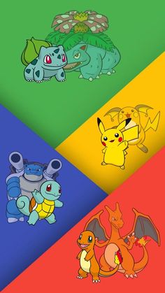 four different color variations of pokemon characters