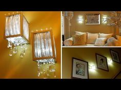 three pictures of the inside of a house with lights on and decorations hanging from the wall