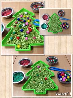 two pictures show the process of making a christmas tree made out of beads and candy