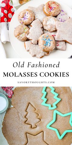 old fashioned molassses cookies on a plate with christmas trees and stars in the middle