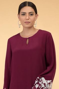 Shop for Talking Threads Maroon Silk Crepe Embroidered Kaftan for Women Online at Aza Fashions Designer Embroidered V-neck Kaftan, Elegant Embroidered V-neck Kaftan, Luxury Embroidered V-neck Kaftan, Spring Long-sleeve Kaftan With Intricate Embroidery, Multicolor V-neck Kaftan With Floral Embroidery, Keyhole Neckline, Silk Crepe, Floral Motif, Aza Fashion