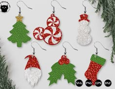 christmas ornament earrings with candy canes, peppermink and snowman