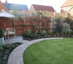 a backyard with a brick wall and green grass