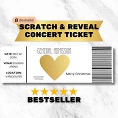 the scratch and reveal concert ticket is shown with three stars in front of it on a white marble background