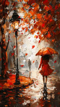 a painting of a person walking in the rain with an umbrella and red dress on