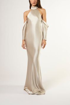 Charmeuse Gown, Drop Sleeve, Michelle Mason, Sleeve Gown, Gowns With Sleeves, Back Neck, Silk Charmeuse, Halter Neckline, New Arrival Dress