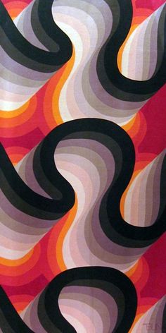 an abstract painting with black, white and orange lines in the center on a red background