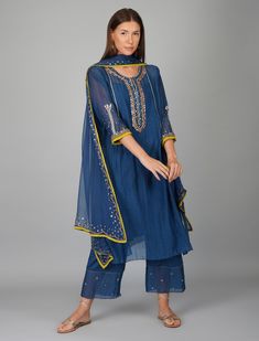 Blue Chanderi Sequins Embellished Kurta Set at Kamakhyaa by Devyani Mehrotra. This item is Blue, Chanderi Silk, Cotton, Embroidered, Evening Wear, Georgette, Kurta Pant Sets, Kurta Set with Dupattas, Natural, Pre Spring 2023, Relaxed Fit, Solids, Womenswear Kalidar Kurta, Egyptian Blue, Chanderi Kurta, Kurta Set For Women, Kurta Set, Indian Design, Online Clothing Stores, Festival Wear, Indian Wear