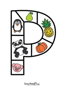 the letter p with pictures of animals and fruits