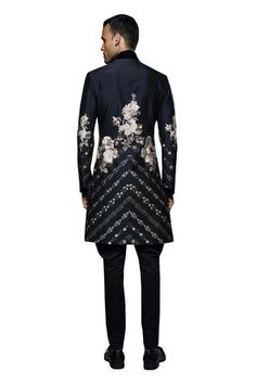 Black long sherwani with all over floral garden embroidery in monochrome tones. - Aza Fashions Garden Embroidery, Sherwani For Men, Rohit Bal, Silk Embroidery, Floral Garden, Aza Fashion, Full Sleeve, Floral Embroidery, Stand Collar