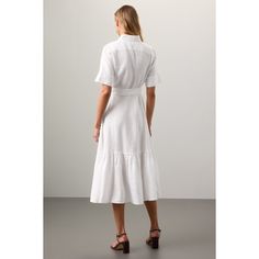 White (100% Linen) Casual Dress. Collared. Short Sleeve. Front button closure. Shoulder to hemline length: 50". Imported. Semi-formal Fitted Shirt Dress For Summer, Daywear Button-up Dress With Ruffle Hem, White Button-up Semi-formal Dress, Button-up Ruffle Hem Dress For Daywear, Ruffle Hem Button-up Dress For Daywear, Chic Summer Shirt Dress With Pleated Hem, White Collared Semi-formal Dress, Button-up Dress With Ruffle Hem For Daywear, Fitted Midi-length Shirt Dress For Spring