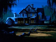 a painting of a large house in the night