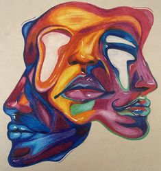 a drawing of a woman's face with multiple colored lines