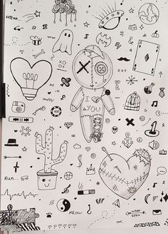 a black and white drawing of a teddy bear surrounded by other doodle drawings on paper