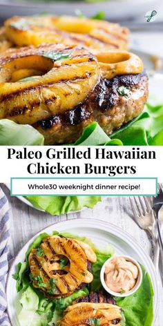 grilled hawaiian chicken burgers with lettuce and pineapple on the side