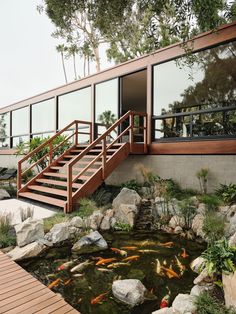 a small pond with fish in it next to a wooden deck and stairs leading up to the second floor