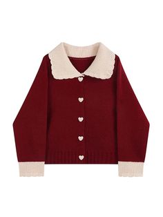 45921677410563 Red Cardigan Sweater, Cashmere Sweater Women, Y2k Clothing, Heart Button, Collar Cardigan, Red Cardigan, Contrast Collar, Red One, Cardigan Sweaters For Women