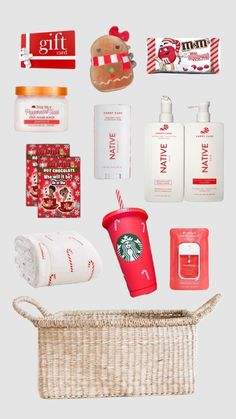 the contents of a christmas gift basket are arranged on a white background with red accents