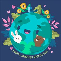 an earth with two animals and flowers around it, says happy mother earth day on the blue background