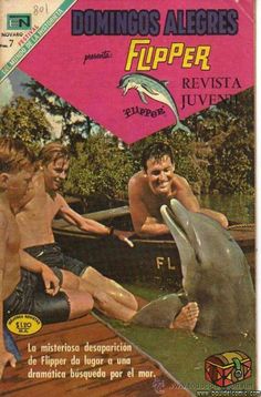 an old magazine cover shows boys in a boat with a dolphin and another man on it