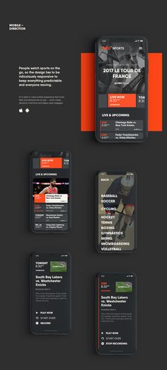 an orange and black website design for a motorcycle repair company, with multiple screens showing the layout