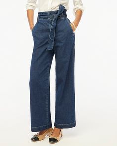 Wide-leg paper-bag denim trouser Wide-leg Jeans For Work In Medium Wash, Wide-leg Denim Jeans For Work, Medium Wash Wide-leg Flare Jeans For Work, Chic Wide-leg Cropped Denim Jeans, Denim Wide Leg Pants For Work, Wide-leg Cropped Denim Jeans For Work, Wide-leg Cropped Jeans For Work, Chic Wide-leg Denim Pants, Chic Wide Leg Medium Wash Cargo Jeans