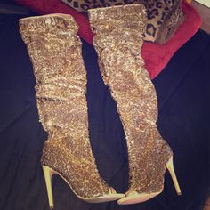 Brand New Never Worn. Too Small. Purchased On Hot Miami Styles Chic Gold Boots For Party, Glamorous Gold Boots For Night Out, Gold Closed Toe Boots For Party, Gold Fitted Boots For Party, Glamorous Open Toe Fitted Boots, Gold Fitted Party Boots, Fitted Gold Party Boots, Fitted Glamorous Open Toe Boots, Glamorous Fitted Open Toe Boots