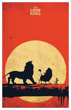 the lion king movie poster with two lions walking in front of an orange and yellow sun