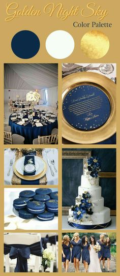 a collage of photos with blue and gold details on them, including wedding cake