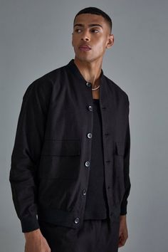 Linen Mix Smart Oversized Cargo Bomber Jacket | boohooMAN USA Black Streetwear Outerwear With Button Cuffs, Button-up Streetwear Outerwear With Welt Pockets, Urban Outerwear With Stand Collar For Work, Urban Single Breasted Outerwear For Work, Urban Single-breasted Outerwear For Work, Workwear Outerwear With Buttoned Pockets And Stand Collar, Stand Collar Outerwear With Buttoned Pockets For Work, Classic Black Outerwear With Buttoned Pockets, Spring Urban Workwear Blazer