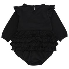 This adorable romper is composed of soft knit cotton for a comfortable fit and includes three tiers of signature rear ruffles on the back. This romper is so versitile and can be worn during fall festivities or to complete this years halloween costume. This romper will be her new go-to this season! Solid Cotton Bodysuit With Ruffles, Cute Cotton Bubble Romper With Ruffle Hem, Cotton Bubble Romper With Ruffle Sleeves, Cotton Ruffled Bodysuit For Playwear, Ruffled Bubble Romper For Playwear, Cotton Bodysuit With Ruffles For Playwear, Spring Onesie With Ruffles In Solid Color, Solid Color Onesie With Ruffles For Spring, Cotton Ruffle Onesie For Playwear