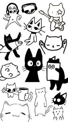 black and white drawing of various cats