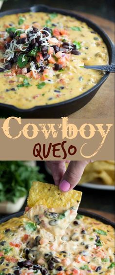 a hand dipping a tortilla chip into a bowl of cowboy quesadilla