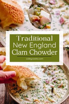 traditional new england clam chowder recipe in a bowl with a spoon full of soup