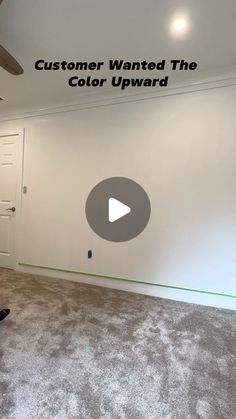 an empty room with carpet and a ceiling fan in the corner that says, customer wanted the color upward