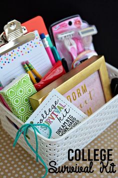 a white basket filled with school supplies and writing utensils on top of a table