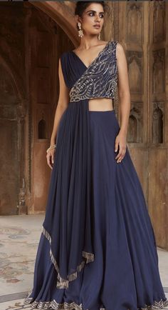 Western Choli Design, Navratri Party Wear Gown With Traditional Drape, Elegant Gown With Traditional Drape For Navratri, Blue Traditional Drape Gown For Diwali, Indowestern Dress, Blue Indowestern Dress For Women, Drape Dresses Indo Western Pattern, Party Wear Indowestern Dresses, Indo Western Gown