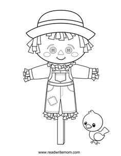 a coloring page with an image of a doll and a bird