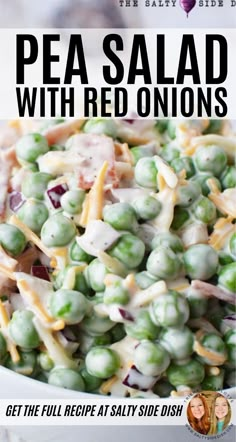 a bowl filled with peas and cheese on top of a white table next to the words, your holiday thanksgiving menu